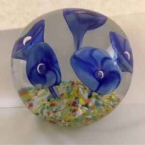 Blue Floral Art Glass Paperweight Confetti Base